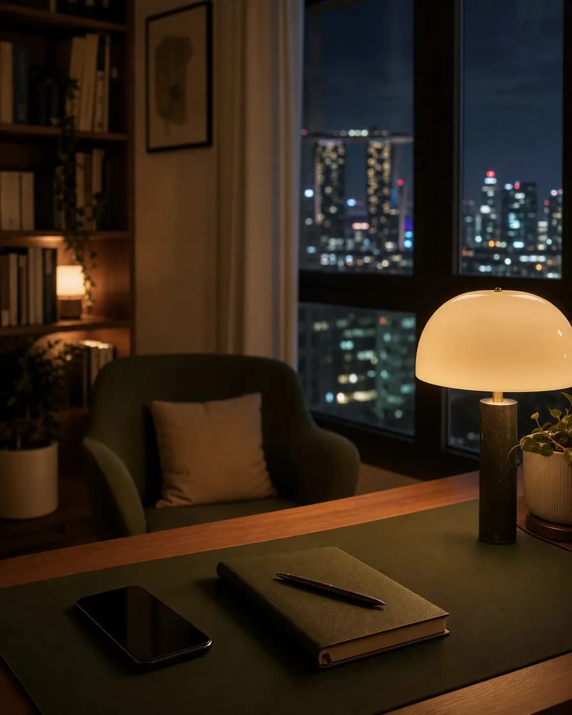 夜晚的新加坡室内,一部手机、笔记本和窗外城市灯光象征寻找合适的求助路径。